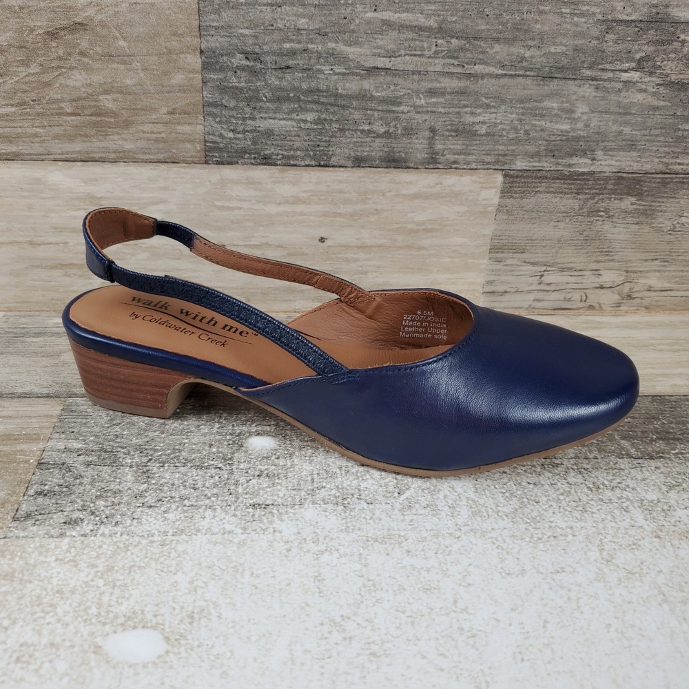 Coldwater Creek Josie Womens Pump Sz 6.5 M Blue Leather Slingback Low Block Heel